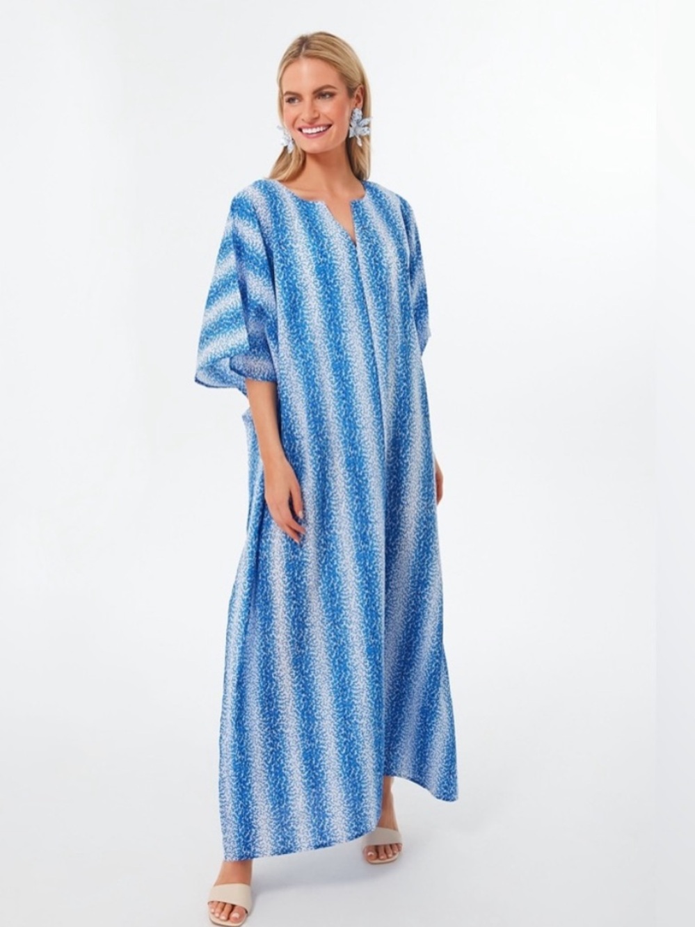 Tuckernuck Blue White Striped Speckle Maxi Dress Summer Swim Coverup Caftan